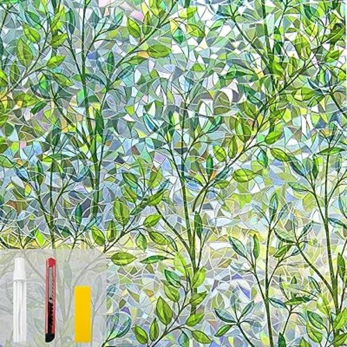 Window Privacy Film Stain Glass Window Film Rainbow Window Film Window clings Non-Adhesive Reusable Decorative for Room (Leaf Rainbow, 35.4X157.4 in)