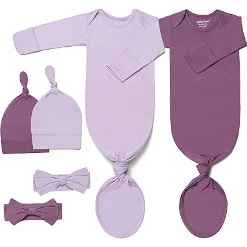 2Pk Newborn Baby Knotted Gown, Ultra-Soft Infant Sleeper with Hat, Bowknot and Pacifier Clip (2 Packs)