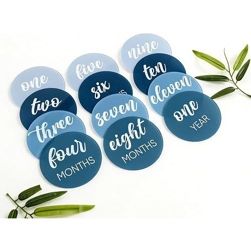 WENSLEIY Baby Monthly Milestone Cards, 12 Piece Acrylic Discs, Blue, Newborn Photography Props, for Boys (Blue Monthly Card)