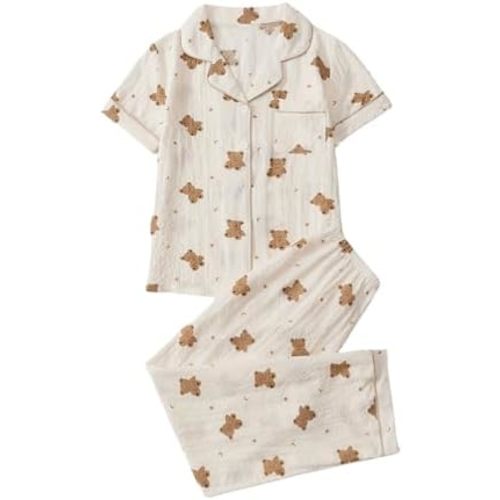 Verdusa Women's 2 Piece Pajama Sets Cute Printed Fall Pajamas Sleepwear Button Up Shirt with Pants Lounge Pjs