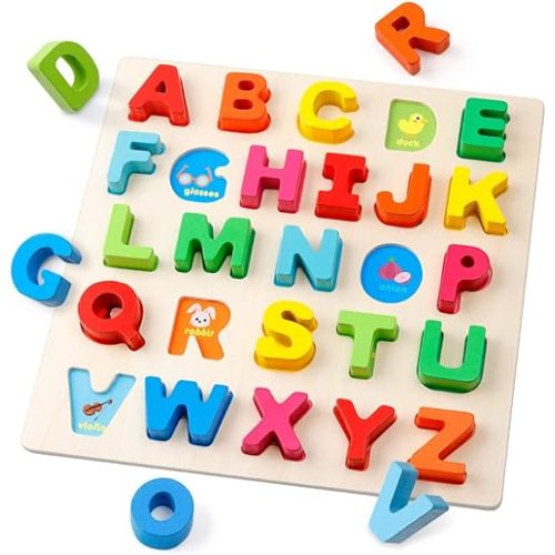 Coogam Wooden Alphabet Puzzle – ABC Letters Sorting Board Blocks Montessori Matching Game Jigsaw Educational Early Learning Toy Gift for Preschool Year Old Kids