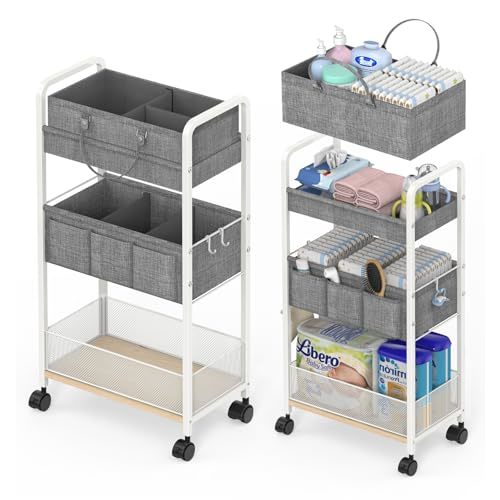 2In1 Baby Diaper Caddy & 3-Tier Rolling Diaper Cart, Diaper Caddy Organizer Cart with Dividers, Metal Detachable Bedside Cart for Baby Nursery Essentials, Large Capacity, Easy to Assemble, White