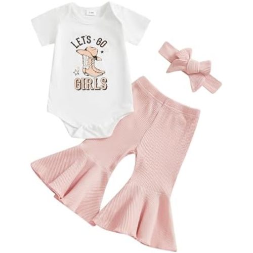 SAYOO Baby Girls Western Outfits Let's Go Girls Letter Print Retro Romper Ribbed Flared Pants Cowgirls Country Fall Clothes