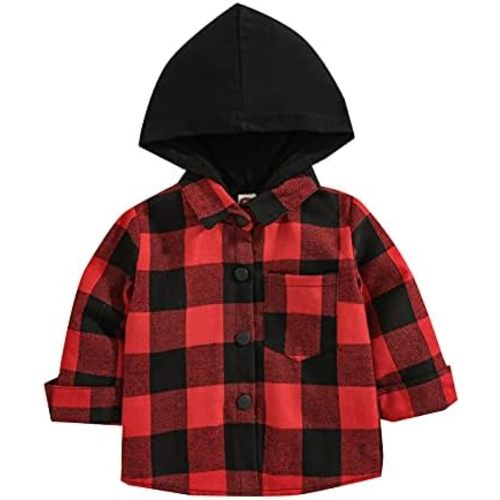 Kids Little Boys Girls Baby Long Sleeve Button Down Hooded Plaid Shirt Red Plaid Flannel Outfits