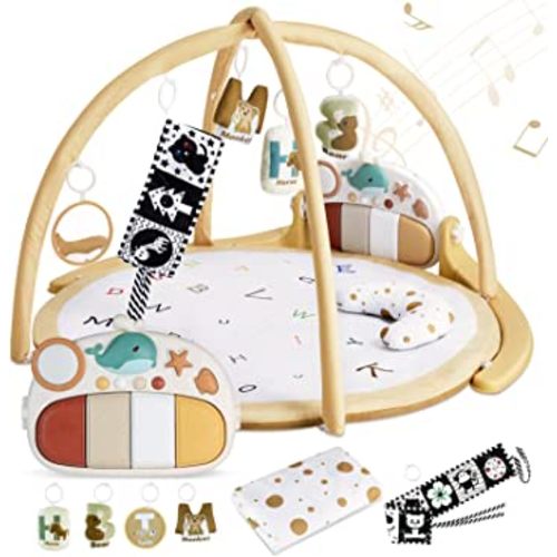 ANGELBLISS Baby Play Gym Mat, Kick Tummy Time Baby Activity Gym & Play Mat with 5 Toys, 1 Detachable Piano, Tent Cover & Pillow, Boy & Girl Gifts for Newborn to Toddler