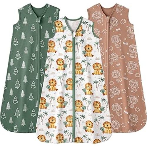 Baby Sleep Sack 0-6 months, 100% Cotton Sleeping Sack for Newborn and Infant, 3 Pack Baby Wearable Blanket, 0.5 Tog Lightweight Double Zipper Sleep Bag Small Brown Green Lion