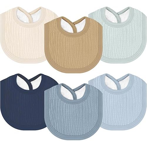 Muslin Baby Bibs 6 Pack for Unisex Girls & Boys, Adjustable Soft Cotton Baby Bibs for Drooling and Teething