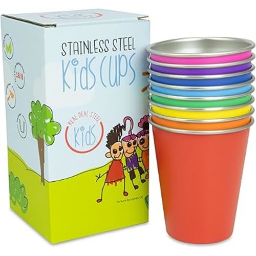 Stainless Steel Kids Cups - Set of 8 Rainbow Colored Metal Cups for Children and Toddlers, Premium 10 oz Drinking Glasses in Fun Colors, BPA Free, Unbreakable (Rainbow (8 Pack))