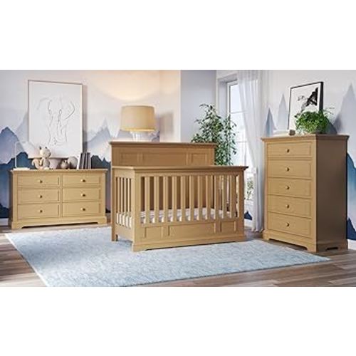 Child Craft Jordyn Full Panel Crib Nursery Set, 4-Piece, Includes 4-in-1 Convertible Crib, Double Dresser, Chest, and Nightstand, Grows with Your Baby (Biscotti)