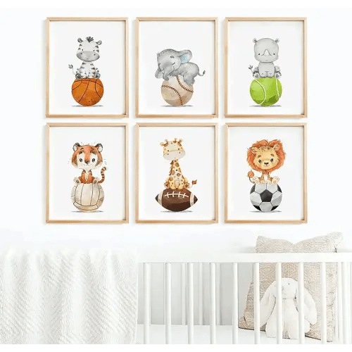 Baby Boy Wall Art Set of 6 Nursery Sports Prints Decor Nursery Animal Wall Art Boys Nursery Canvas Wall Art Jungle Safari Wall Art Boy Room Bedroom Art Woodland Animal Pictures 8x10 Inch UNFRAMED