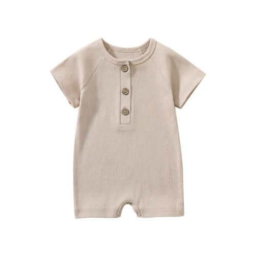AJTQTH Summer Cotton Rib-Knitted Romper for Baby Infant Unisex Solid Crewneck Short-Sleeved Clothes Outfits Comfy Lightweight Jumpsuit Playsuit Bodysuit Onesie Beige 0-3 Months