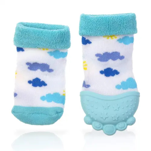 Nuby Soothing Teether Sock, Sky Blue Clouds, 5"