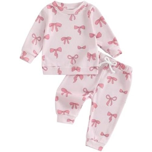 NZNDSHD Fall Baby Girl Clothes Ruffle Long Sleeve Bow Print Sweatshirt Top Pants Set 2Pcs Waffle Knit Outfit