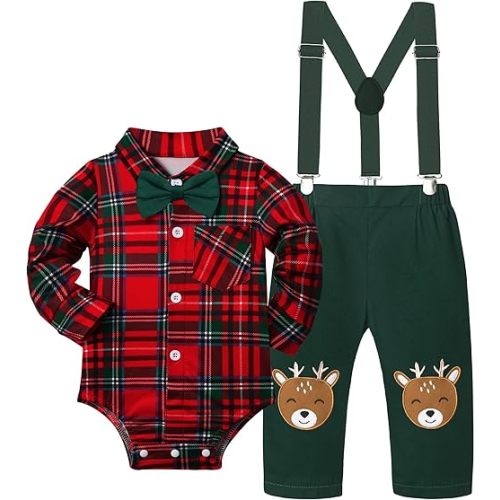 Baby Boy Christmas Outfit My First Christmas Plaid Gentleman Romper + Reindeer Suspender Pants 0-12Months 2Pcs