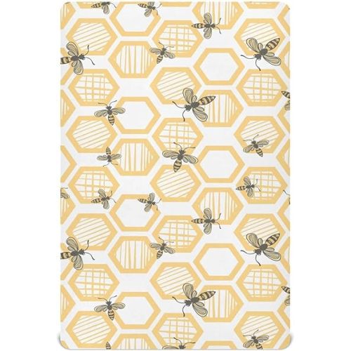 Fitted Crib Sheets Bees Honeybee Shape Stretchy Portable Playard Sheets for Baby Toddler, Breathable Soft Mini Crib Mattress 52 x 28 in for Boys and Girls