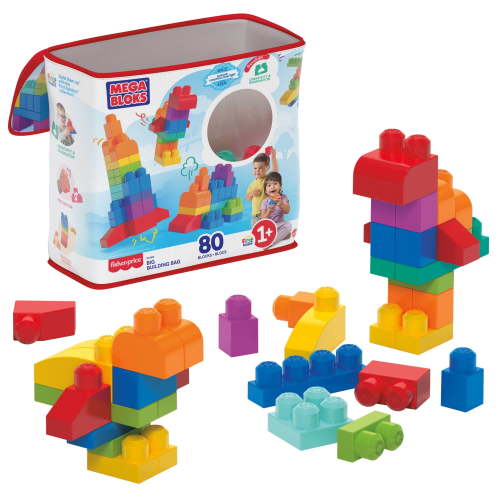 MEGA BLOKS Fisher-Price Large Toy Blocks for Baby Kid, Blue Building Bag with Storage (80 Pieces)