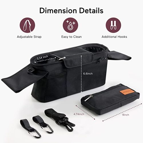 Momcozy Universal Stroller Organizer with Insulated Cup Holder Detachable Phone Bag & Shoulder Strap, Fits for Stroller like Uppababy, Baby Jogger, Britax, BOB, Umbrella and Pet Stroller - Black