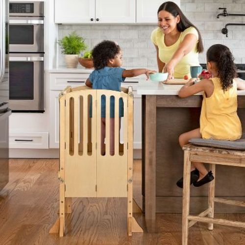 Guidecraft Contemporary Kitchen Helper Toddler Step Stool - Ivory: Adjustable, Kids Foldable Learning Toddler Tower With Safety Mat