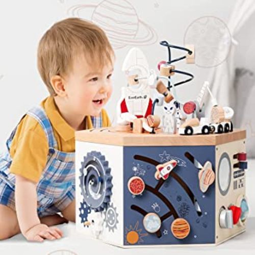 Ezra- Wooden Activity Cube with Bead Maze, Space Activity Cube for Toddlers 1-3 Girls Boys Montessori Cube Multi Play Educational Learning Activity Cube Toddler Toy Wood Shape Color Sorter