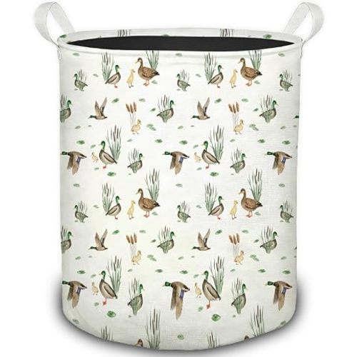 Mallard Duck Nursery Laundry Basket, Rustic Mallard Ducks and Duckling Botanical Foldable Laundry Hamper With Handles Clothes Toys Storage Basket for Baby Boys Kids Room Playroom