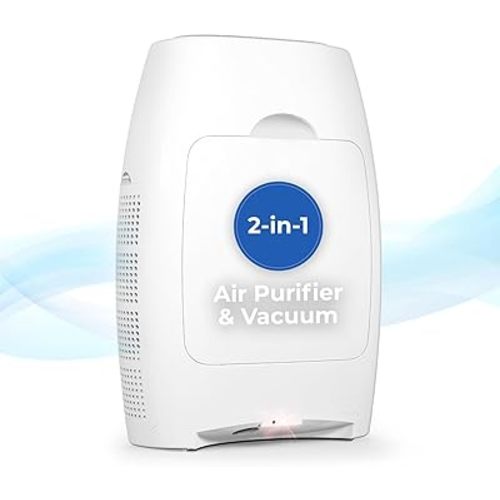 EyeVac Air 2-in-1 HEPA Air Purifier & Touchless Vacuum Automatic Dustpan - Ultra Fast & Powerful - Covers 600 Sq ft - Corded Canister Vacuum, Bagless, Automatic Sensors, 1000 Watt (White/White)