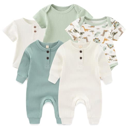 Ruliby Baby Bodysuit Ribbed Romper 5-pcs Soft Unisex Boy Girl Outfit Clothes Set 0-12 momth