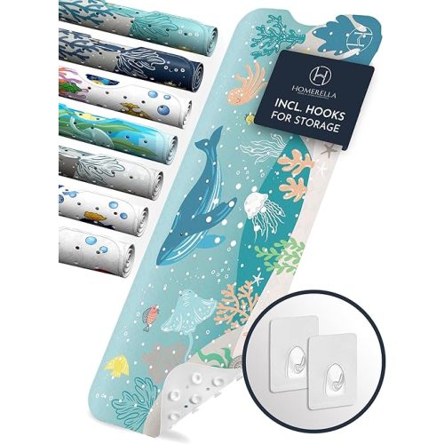 Homerella Baby Bath Tub Mat | Anti Mold Mildew Resistant Non Slip Kids and Adult Bath Tub Shower Mats | 40x16 inch Long with Suction Cups for Secure Grip Hooks for Storage & Drying | Machine Washable