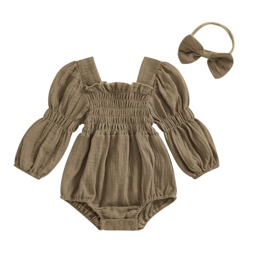 Kavousa Smocked Baby Girl Clothes Newborn Girl Bubble Romper Long Sleeve Jumpsuit And Headband Outfit Cute Infant Clothing