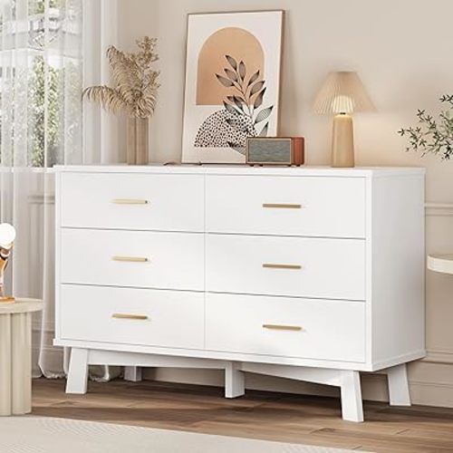 Dresser for Bedroom, 6 Drawer Wide Modern Chest of Drawers with X-Shaped Sturdy Base, Wood Double Dresser Closet Clothes Storage Organizer, Wooden TV Stand for Living Room, Hallway, White