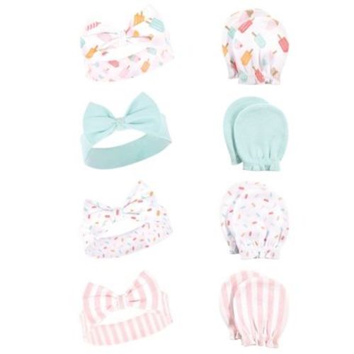 Hudson Baby Infant Girl Cotton Headband and Scratch Mitten Set, Ice Cream, 0-6 Months