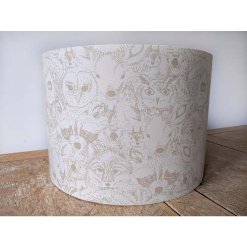 Handmade fabric drum lampshade. "Animal Menagerie" woodland animals, WHITE / BROWN, 15cm 20cm 25cm 30cm