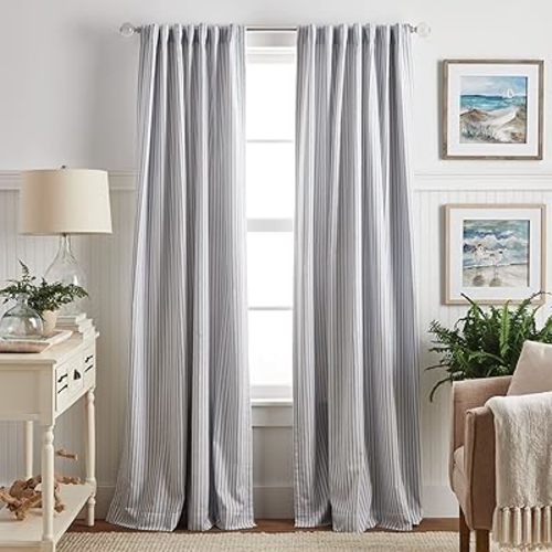 Martha Stewart Ticking Stripe Blackout Lining Rod Pocket/Back Tab Window Curtain Panel Pair, 84", White/Indigo, Set of 2