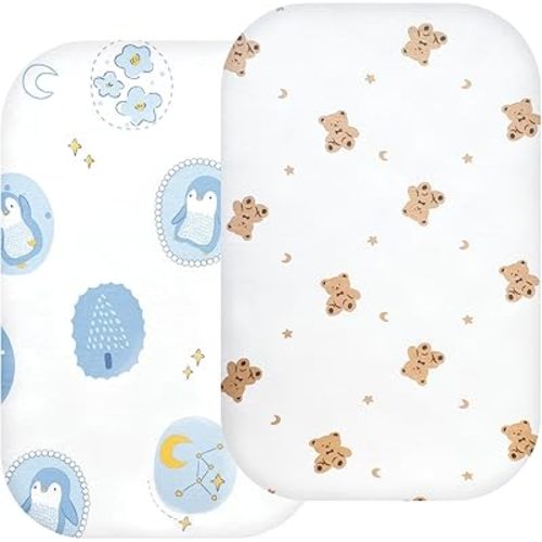 AMKE Bassinet Fitted Sheet,2 Pack,Rectangle and Oval Baby Bassinet Fitted Sheets,100% Cotton Nursery Bedding,Fits AMKE Sleeper Crib Mattress (Cartoon)