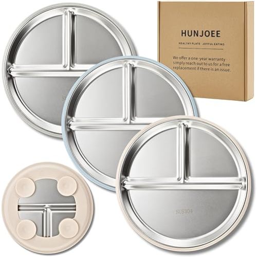 3 Pack Stainless Steel Kids Plates with Suction, Divided Toddler Plates with Silicone Sleeves for Baby Led Weaning Supplies, BPA-Free