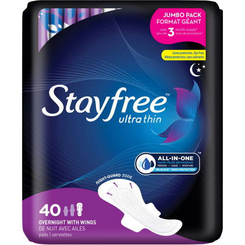 Stayfree Ultra Thin Overnight Pads With Wings, 40 Ct, Multi-Fluid Absorption, Protection For Up To 10 Hours HSA/FSA Eligible