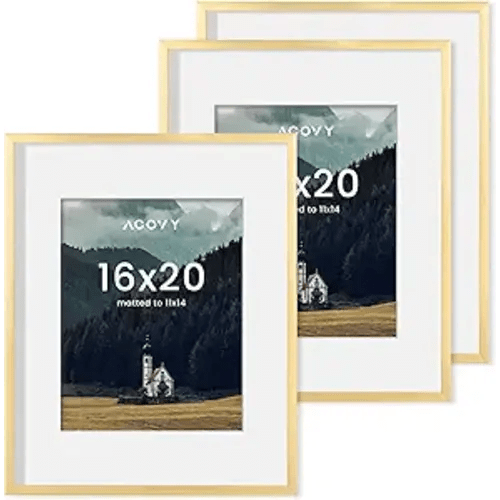 16x20 Picture Frame - High Definition Plexiglass, Matted to 11x14 (Gold, 3 Pack)