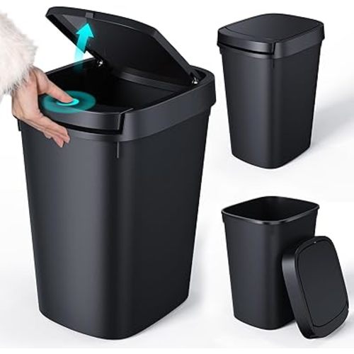 CEROELDA 3 Pack Slim Bathroom Trash Can, 10L/2.6 Gal with Press Top and Pop-up Lid, Plastic Wastebasket for Toilet, Office, Bedroom (Black)