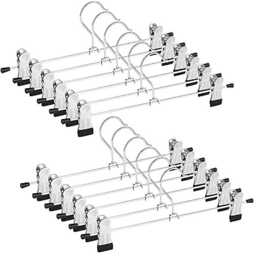 Metal Pants Shorts Hangers, Heavy Duty Kids Skirt Hangers with 2 Adjustable Non Slip Clips, Ultra Thin Space Saving 360 Degree Swivel Hook Stainless Steel Hanger 12 Pack