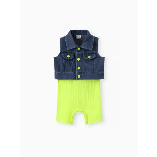 2pcs Baby Girl Solid Rib-knit Romper and Button Up Front Vest Denim Jacket Set