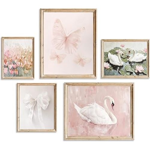 Aroutde 5Pcs Pink Coquette Canvas Wall Art Decor, Preppy Girl Room Coquette Wall Decor Vintage Flowers Swan Bow Butterfly Painting Coquette Posters for Girl Bedroom College Dorm Decor (UNFRAMED)
