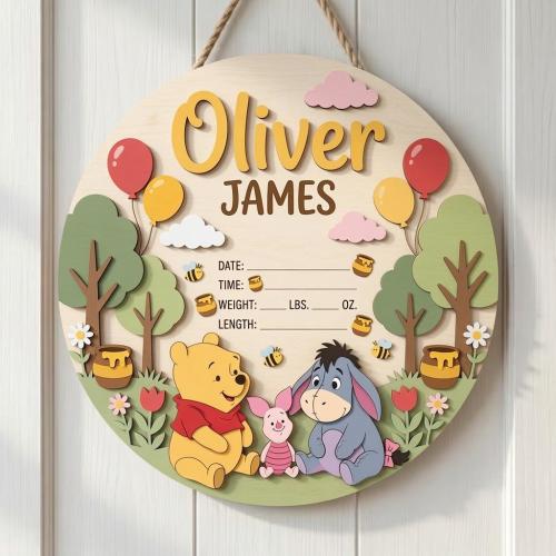Winnie The Pooh Baby Birth Stats Sign, 2 Layer Wooden Nursery Name Plaque, Disney Hospital Door Hanger, Personalized Newborn Announcement