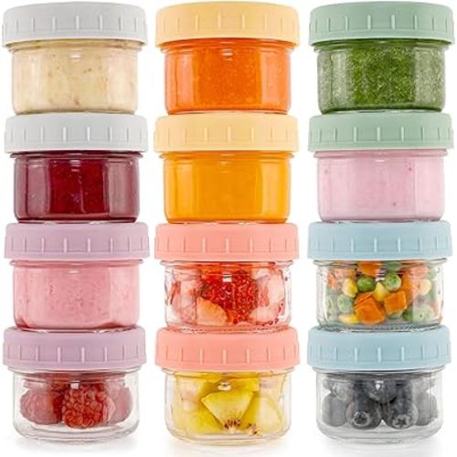 Caperci 12-Pack Glass Baby Food Storage Containers - 4 oz Freezer Safe Baby Food Storage Jars with Lids, Small Glass Baby Puree containers,Baby Bullet Jars, Microwave & Dishwasher Safe, BPA Free