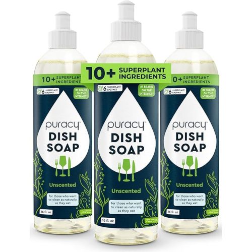 Puracy Natural Dish Soap Packs- Unscented Skin-Softening Plant-Based Dishwashing Soap, Non-Toxic Dish Soap, Fragance Free Organic Liquid Dishwashing Detergent Soap (Unscented, 16 fl oz, 3 Pack)