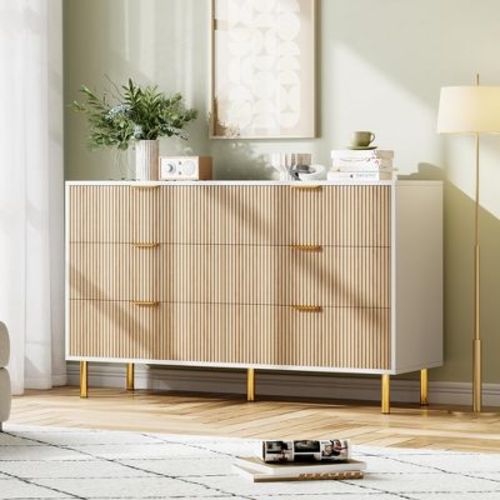 Natural Dresser, Modern 6 Drawer Dresser For Bedroom With Gold Handle And Large Drawer, Wood Double Chest Of Drawers And Storage Organizer