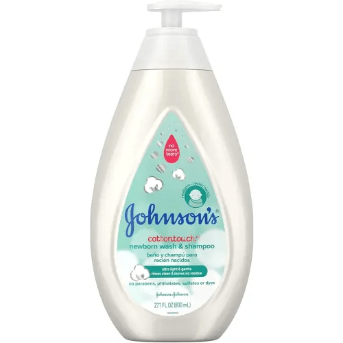 Johnson's CottonTouch Newborn Baby Wash & Shampoo with No More Tears, Sulfate-, Paraben- Free for Sensitive Skin, Made with Real Cotton, Gently Washes Away Dirt & Germs, 27.1 fl. oz