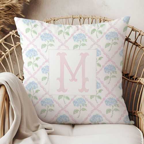 BABY GIRL Monogram Pillow,Grandmillenial Nursery,Blue Hydrangea and Pink Ribbon,Personalized Toddler Girl Cushion,Granny Chic Nursery Decor