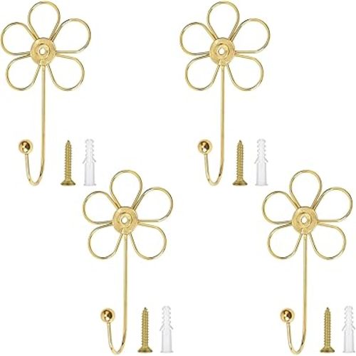 4 Pcs Golden Flower Decorative Screw in Wall Hooks, Creative Metal Coat Hooks for Hanging Scarves, Towels, Keys, Bags, Hats - Ideal for Kitchen, Bathroom, Bedroom, Entryway
