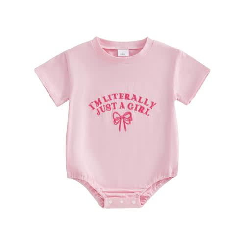 AHUGHAUE Newborn Baby Girl Outfit I'm Literally Just A Girl Bow Embroidery T Shirt Bubble Romper Infant Cute Summer Outfit