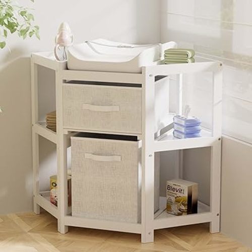 YUFU Baby Corner Changing Table with Storage Drawers, Portable Diaper Changing Station with Baby Changing Pad, Modern Wood Changing Table Dresser for Infants and Toddlers (White)