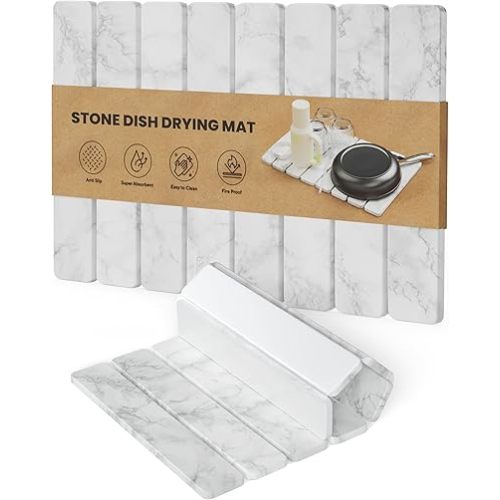 Stone Dish Drying Mat for Kitchen Counter - Collapsible Diatomaceous Earth Dish Drying Stone - Fast Absorbent Stone Drying Mat for Dishes, Pots, Plants (White Marble)